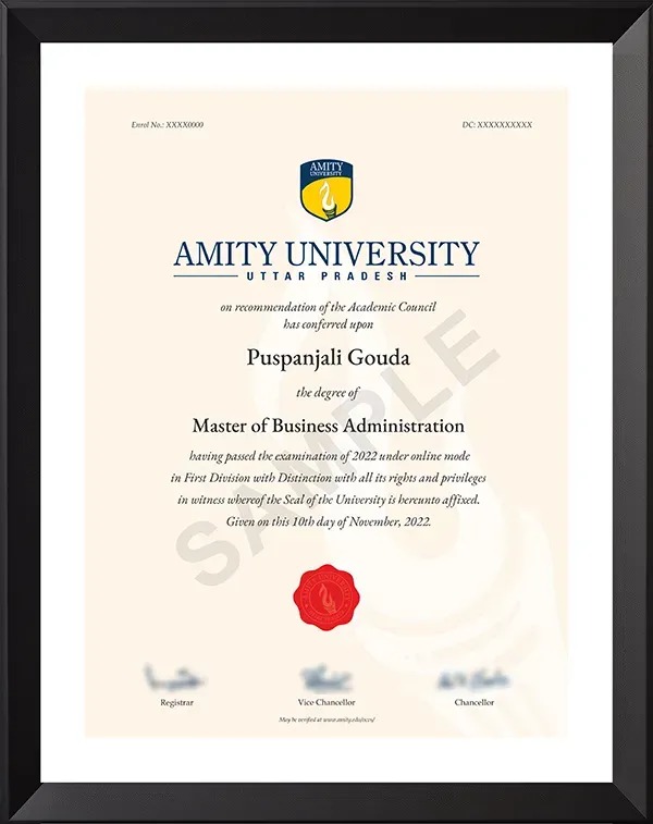 Amity Online sample degree certificate